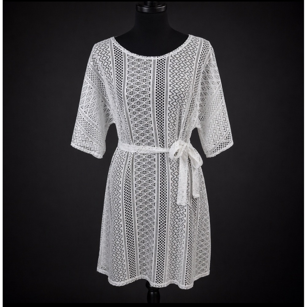 Apt. 9 Women Sheer Lace Swim Cover Up Dress Belted M White Coastal Beach Resort